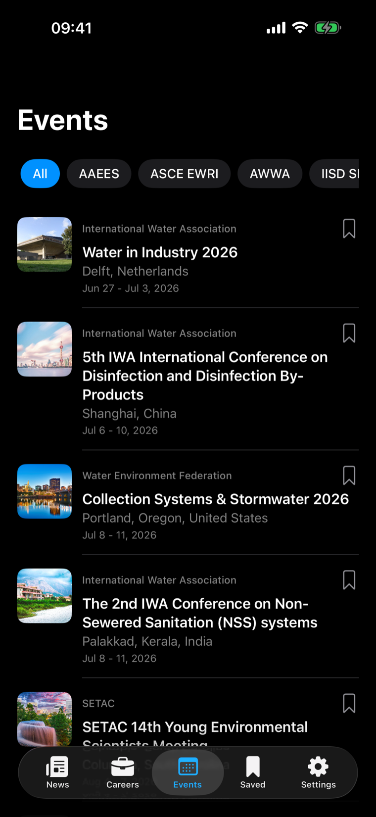 EnviroNews Events tab on iPhone listing climate conferences